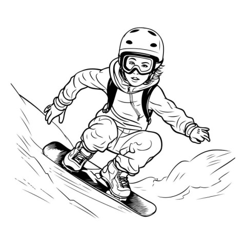 Snowboarder jumping in the mountains. Monochrome vector illustra