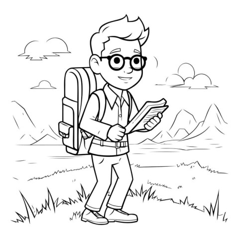 Tourist man with backpack and map. black and white vector illust