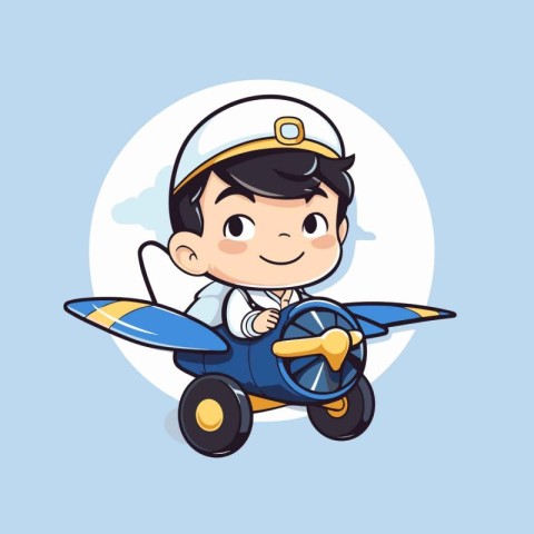 Cute boy pilot with airplane cartoon vector illustration. Cute b