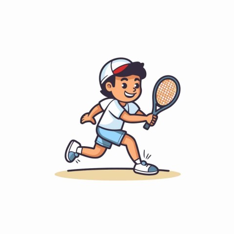 Cute boy playing tennis cartoon vector Illustration on a white b