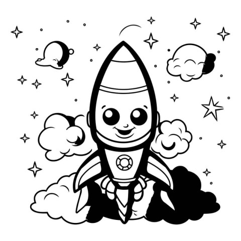 Vector Illustration of Cartoon Rocket with Stars and Clouds Colo