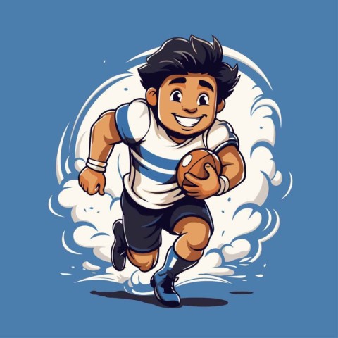 Cartoon rugby player running with ball isolated on blue backgrou