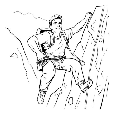 Young man climbing on a cliff. black and white vector illustrati