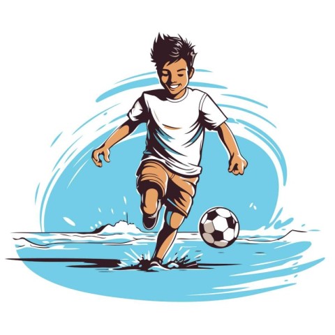 Soccer player kicking the ball in the water. Vector illustration