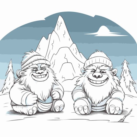 Sketch of two funny gnomes on the background of mountains