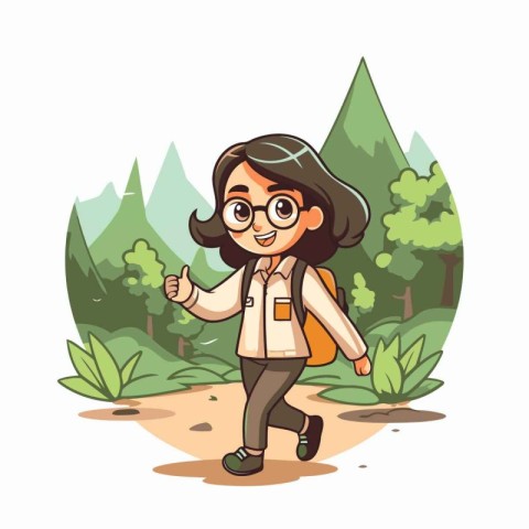 Cute girl with backpack walking in the forest. Vector illustrati