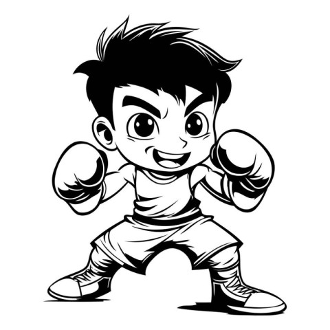 Boxing Kid - Black and White Cartoon Mascot Illustration