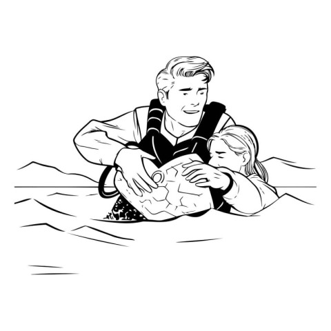 Father and daughter swimming in the sea. Black and white vector