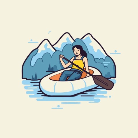 Young woman paddling a kayak in the mountains. Vector illustrati