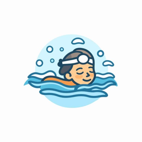 Swimming boy with goggles and cap in water. Vector illustration.