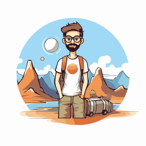 Hipster traveler with backpack and hat standing in mountains. Ve