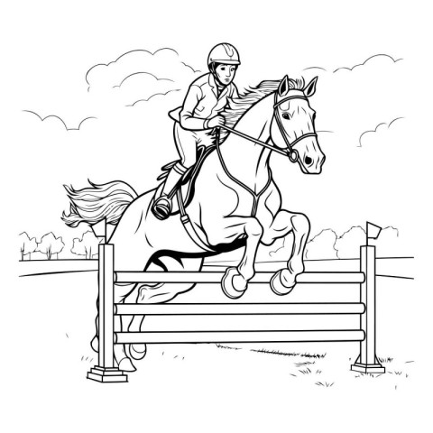 Jockey on a horse jumping over obstacles. black and white vector