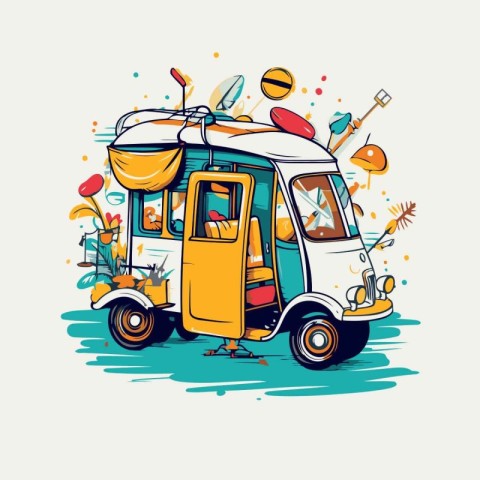 Vector illustration of a retro car with a tuk-tuk