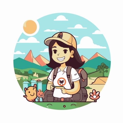 Camping adventure vector illustration. Cartoon girl tourist with