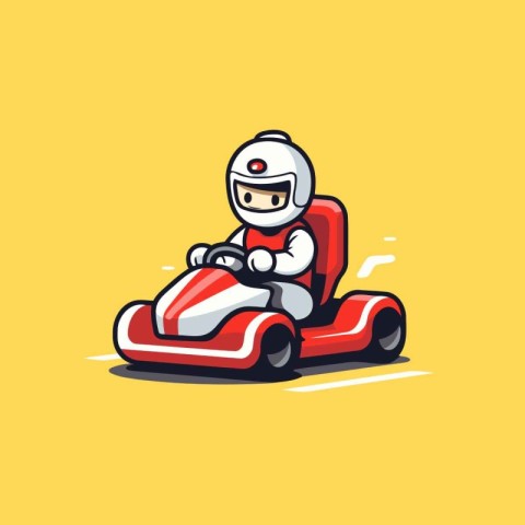 Cartoon karting character. Vector illustration on yellow backgro