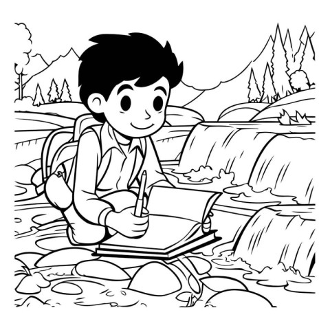 Black and White Cartoon Illustration of Boy Reading Book on the