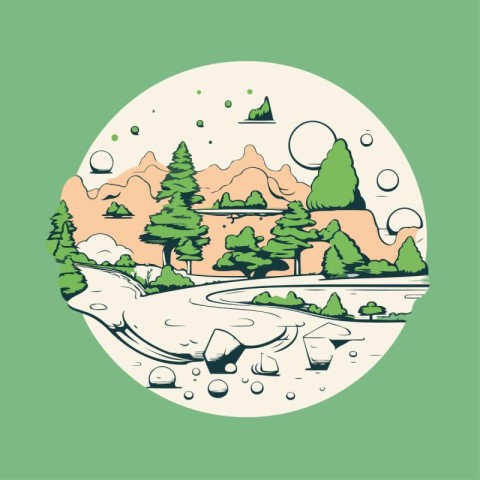 Mountain landscape with river and forest. Vector illustration in