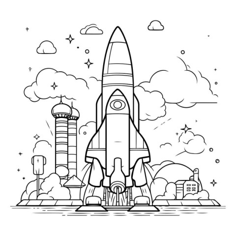 Rocket in the sky. Coloring book for adults. Vector illustration