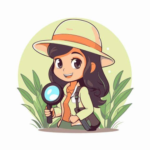 Cute little explorer girl with magnifying glass. Vector illustra