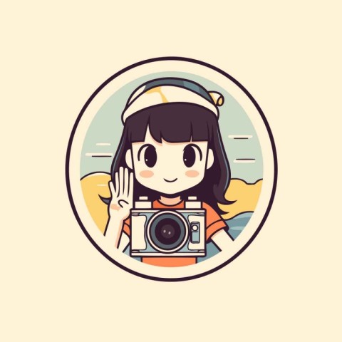 Cute cartoon girl with camera. vector illustration in a circle.