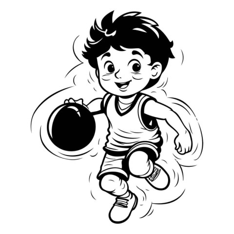 Cartoon illustration of a little boy playing basketball with a b