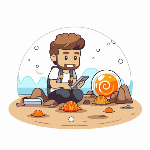 Man reading a book on the beach. Vector illustration in cartoon