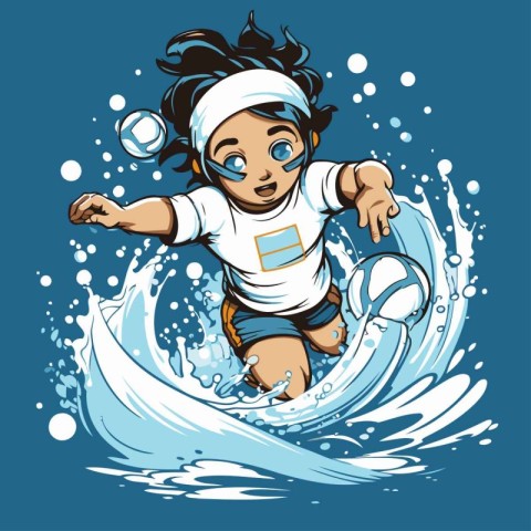 Surfer girl rides a wave. Vector illustration in cartoon style.