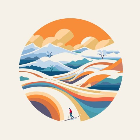 Winter landscape with mountains and skier. Vector illustration i