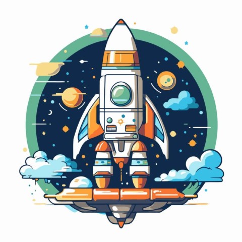 Space rocket in the universe. Vector illustration in flat design