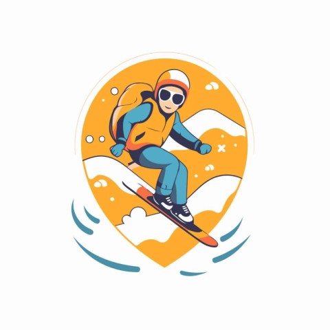 Snowboarder in helmet and goggles rides on snowboard in the moun