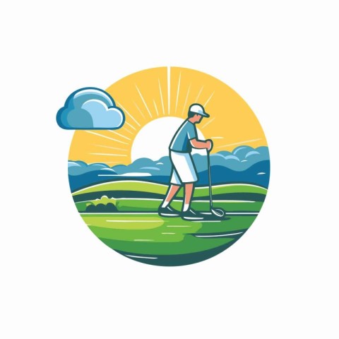 Golf player on a golf course. Vector illustration in retro style