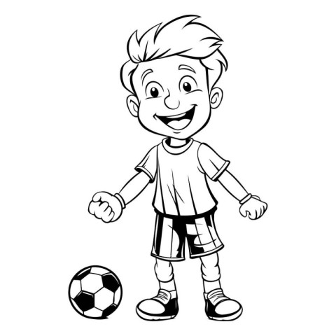 Boy playing soccer cartoon vector illustration. Coloring book fo