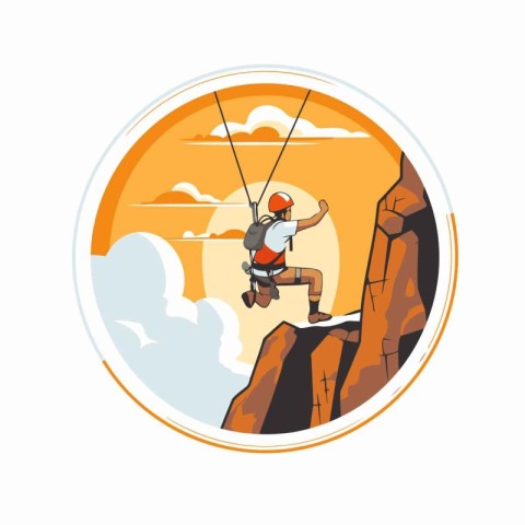 Rock climber on the top of the mountain. Vector illustration.