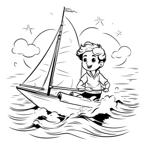 Boy sailing on a sailboat. black and white vector illustration.