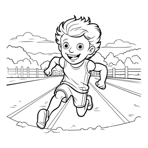 Black and white illustration of a boy running on a rural road.