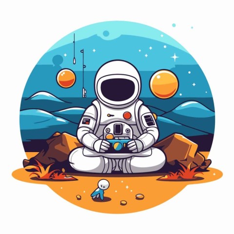 Astronaut sitting on the ground and playing video games. Vector