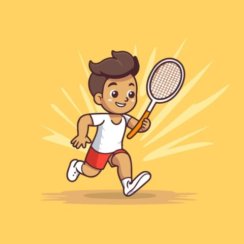 Cute little boy playing tennis. Vector cartoon character illustr