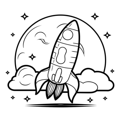 Cartoon rocket flying in the sky. Vector illustration for colori