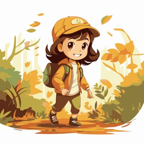 Cute little girl walking in the autumn forest. Vector illustrati