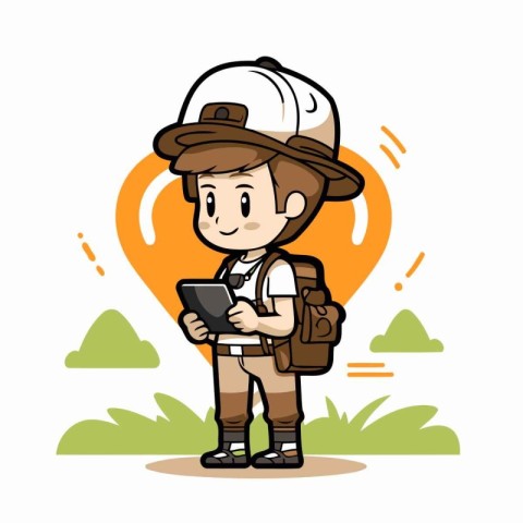 Explorer Boy with Smartphone - Cartoon Vector IllustrationÃ¯Â