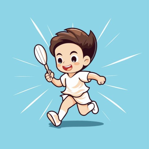 Cartoon boy playing badminton with racket. Vector illustration.