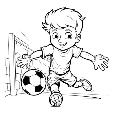 Little boy playing soccer. Black and white vector illustration f