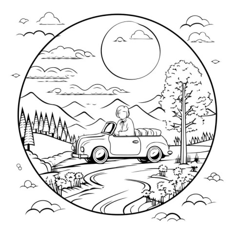 Man driving a convertible car in the mountains. Black and white