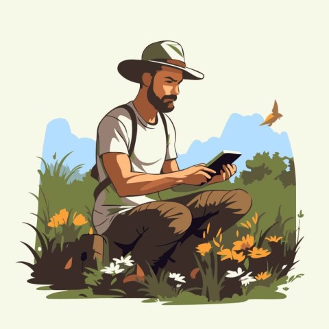 Vector illustration of a farmer with a tablet in his hands in th