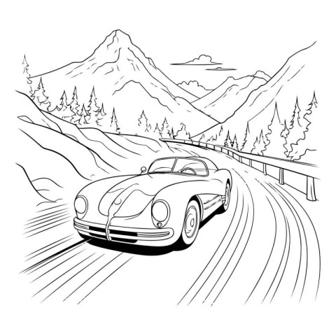 Sketch of a sports car on the road in the mountains