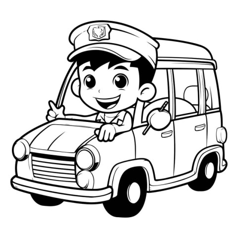 Policeman Driving a Car - Black and White Cartoon Illustration.