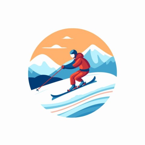 Skier skiing in the mountains. Vector illustration in flat style