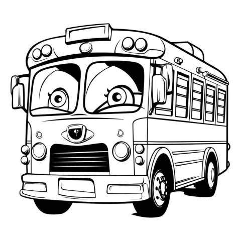 School bus with big eyes. Black and white vector illustration fo