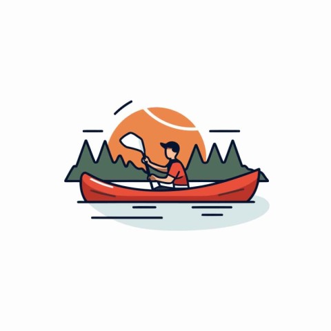 Kayaking flat color line icon. Vector illustration on white back