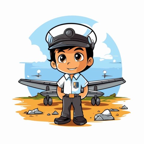 Cartoon pilot in uniform with airplane on background. Vector ill